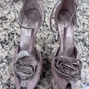 Valentino Garavani Dusty Pink T-Strap Peep-Toe Heels with Rosette
